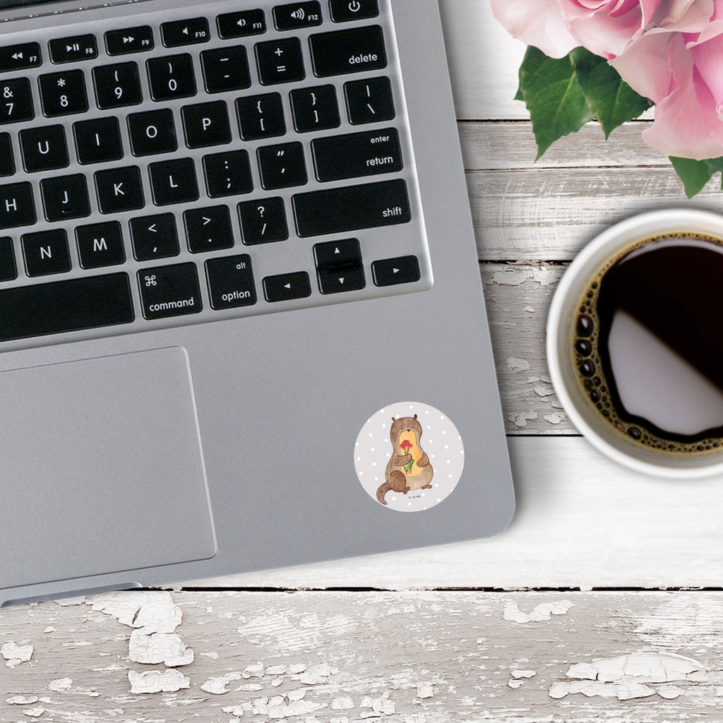 40mm Rund Aufkleber Otter Blumenstrauß Sticker, Aufkleber, Etikett, Otter, Fischotter, Seeotter, Otter Seeotter See Otter