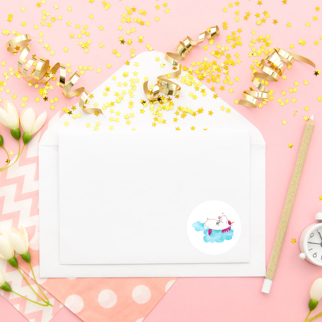 40mm Rund Aufkleber Einhorn verliebt auf Wolke