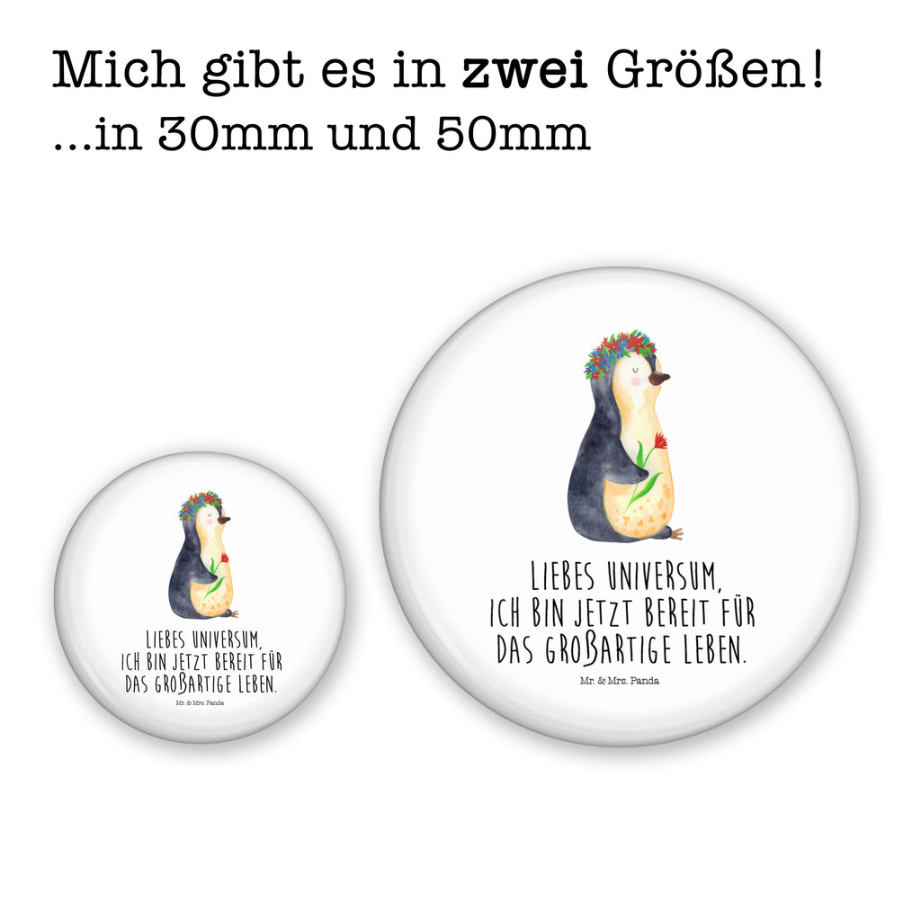 50mm Button Pinguin Blumenkranz 50mm Button, Button, Pin, Anstecknadel, Pinguin, Pinguine, Blumenkranz, Universum, Leben, Wünsche, Ziele, Lebensziele, Motivation, Lebenslust, Liebeskummer, Geschenkidee