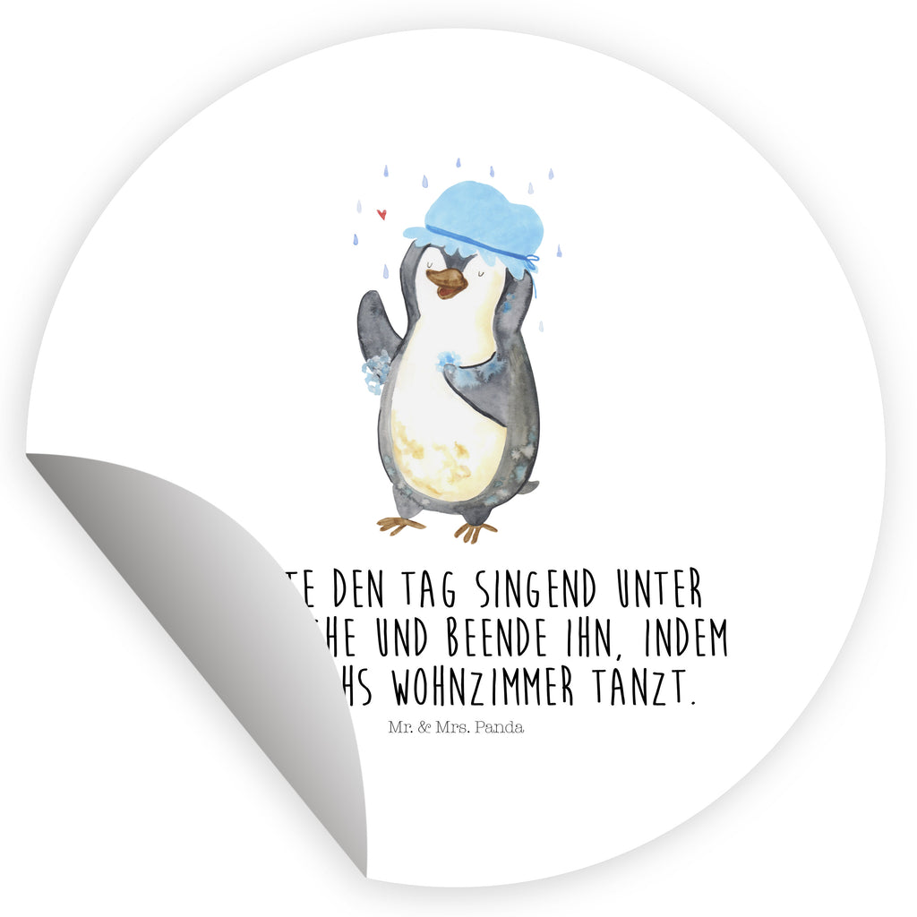 40mm Rund Aufkleber Pinguin duscht Sticker, Aufkleber, Etikett, Pinguin, Pinguine, Dusche, duschen, Lebensmotto, Motivation, Neustart, Neuanfang, glücklich sein
