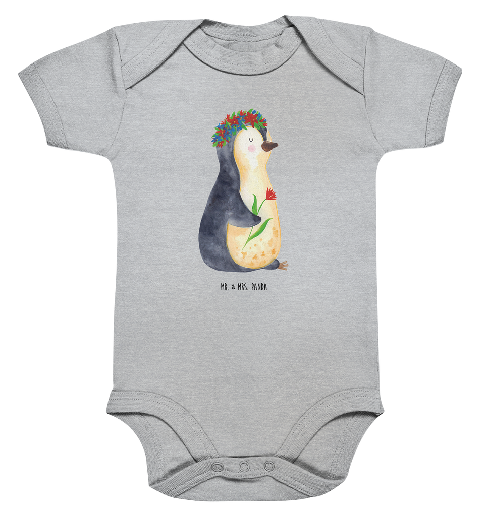 Organic Baby Body Pinguin Blumenkranz Babykleidung, Babystrampler, Strampler, Wickelbody, Baby Erstausstattung, Junge, Mädchen, Pinguin, Pinguine, Blumenkranz, Universum, Leben, Wünsche, Ziele, Lebensziele, Motivation, Lebenslust, Liebeskummer, Geschenkidee