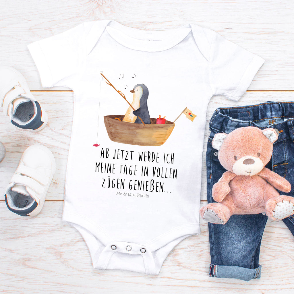 Organic Baby Body Pinguin Angelboot Babykleidung, Babystrampler, Strampler, Wickelbody, Baby Erstausstattung, Junge, Mädchen, Pinguin, Pinguine, Angeln, Boot, Angelboot, Lebenslust, Leben, genießen, Motivation, Neustart, Neuanfang, Trennung, Scheidung, Geschenkidee Liebeskummer