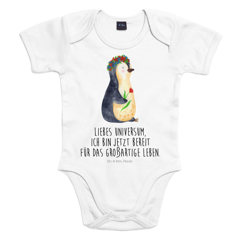 Organic Baby Body Pinguin Blumenkranz Babykleidung, Babystrampler, Strampler, Wickelbody, Baby Erstausstattung, Junge, Mädchen, Pinguin, Pinguine, Blumenkranz, Universum, Leben, Wünsche, Ziele, Lebensziele, Motivation, Lebenslust, Liebeskummer, Geschenkidee