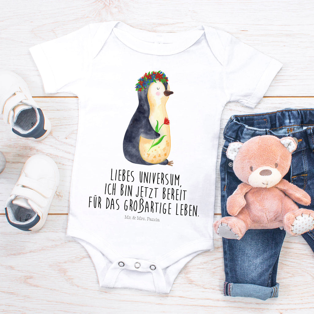 Organic Baby Body Pinguin Blumenkranz Babykleidung, Babystrampler, Strampler, Wickelbody, Baby Erstausstattung, Junge, Mädchen, Pinguin, Pinguine, Blumenkranz, Universum, Leben, Wünsche, Ziele, Lebensziele, Motivation, Lebenslust, Liebeskummer, Geschenkidee