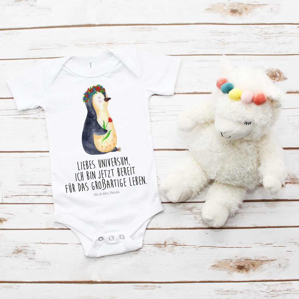 Organic Baby Body Pinguin Blumenkranz Babykleidung, Babystrampler, Strampler, Wickelbody, Baby Erstausstattung, Junge, Mädchen, Pinguin, Pinguine, Blumenkranz, Universum, Leben, Wünsche, Ziele, Lebensziele, Motivation, Lebenslust, Liebeskummer, Geschenkidee