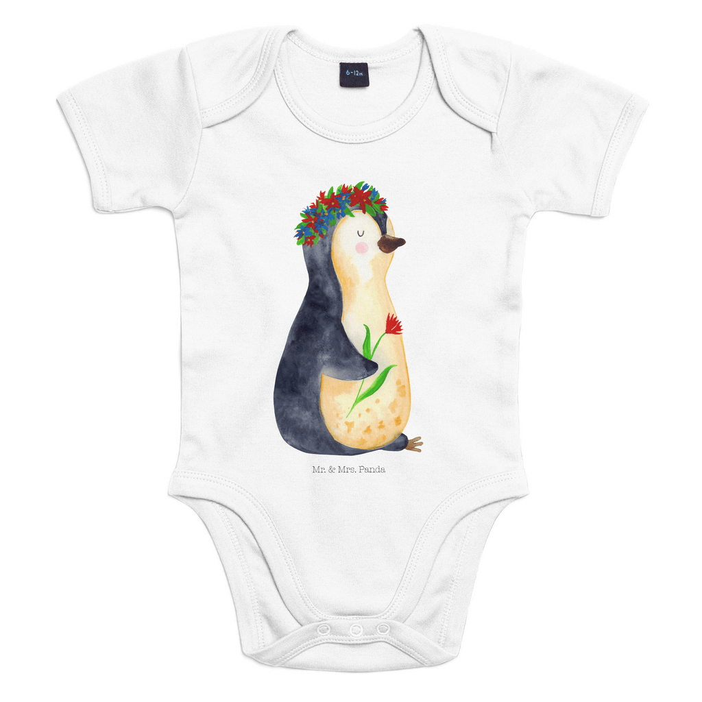 Organic Baby Body Pinguin Blumenkranz Babykleidung, Babystrampler, Strampler, Wickelbody, Baby Erstausstattung, Junge, Mädchen, Pinguin, Pinguine, Blumenkranz, Universum, Leben, Wünsche, Ziele, Lebensziele, Motivation, Lebenslust, Liebeskummer, Geschenkidee