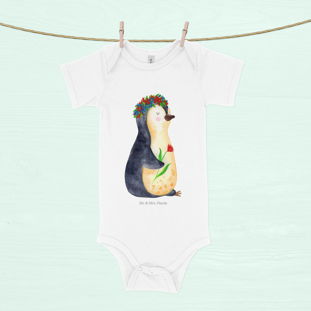 Organic Baby Body Pinguin Blumenkranz Babykleidung, Babystrampler, Strampler, Wickelbody, Baby Erstausstattung, Junge, Mädchen, Pinguin, Pinguine, Blumenkranz, Universum, Leben, Wünsche, Ziele, Lebensziele, Motivation, Lebenslust, Liebeskummer, Geschenkidee