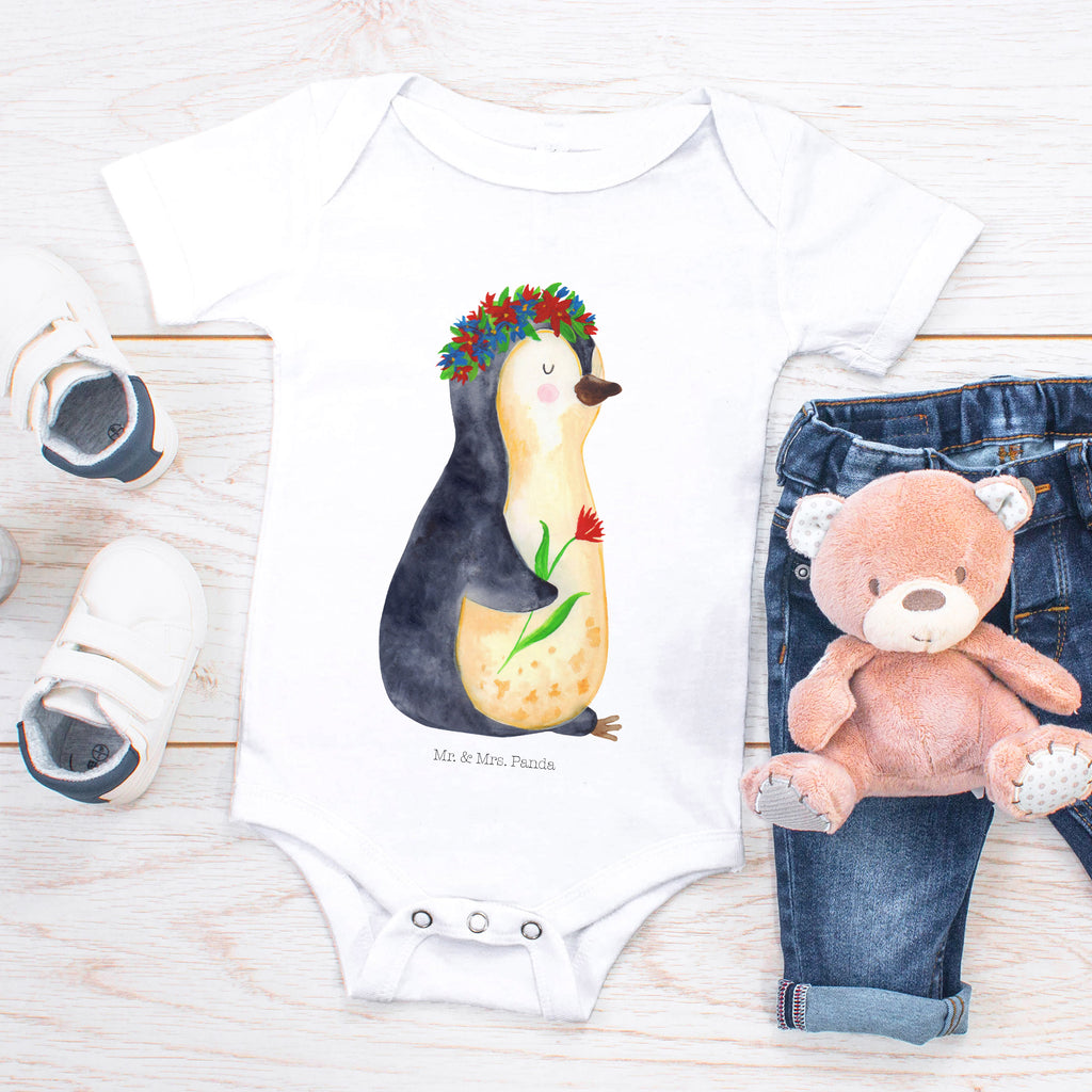 Organic Baby Body Pinguin Blumenkranz Babykleidung, Babystrampler, Strampler, Wickelbody, Baby Erstausstattung, Junge, Mädchen, Pinguin, Pinguine, Blumenkranz, Universum, Leben, Wünsche, Ziele, Lebensziele, Motivation, Lebenslust, Liebeskummer, Geschenkidee
