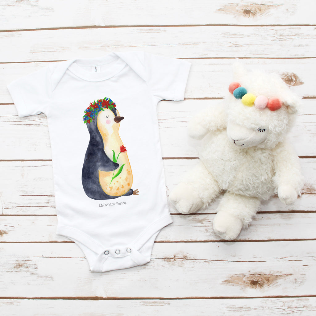 Organic Baby Body Pinguin Blumenkranz Babykleidung, Babystrampler, Strampler, Wickelbody, Baby Erstausstattung, Junge, Mädchen, Pinguin, Pinguine, Blumenkranz, Universum, Leben, Wünsche, Ziele, Lebensziele, Motivation, Lebenslust, Liebeskummer, Geschenkidee