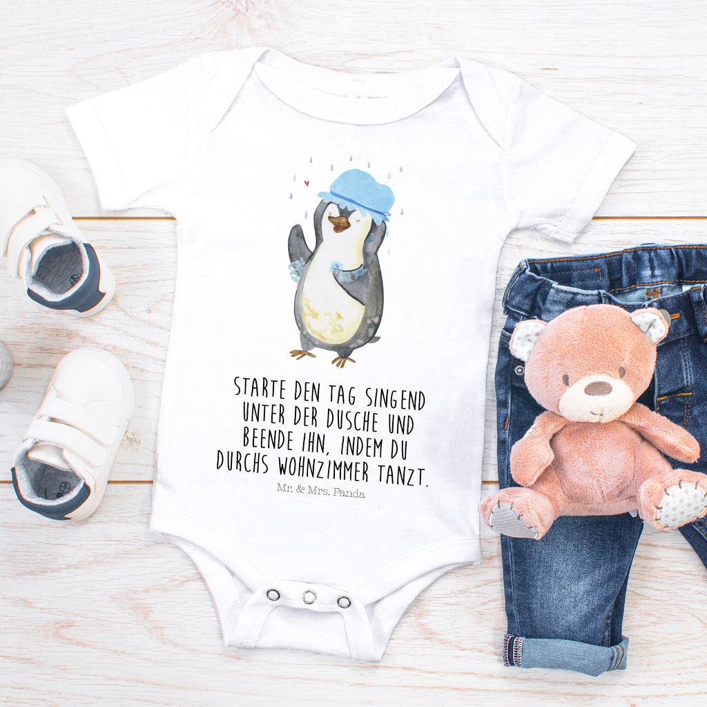 Organic Baby Body Pinguin duscht Babykleidung, Babystrampler, Strampler, Wickelbody, Baby Erstausstattung, Junge, Mädchen, Pinguin, Pinguine, Dusche, duschen, Lebensmotto, Motivation, Neustart, Neuanfang, glücklich sein