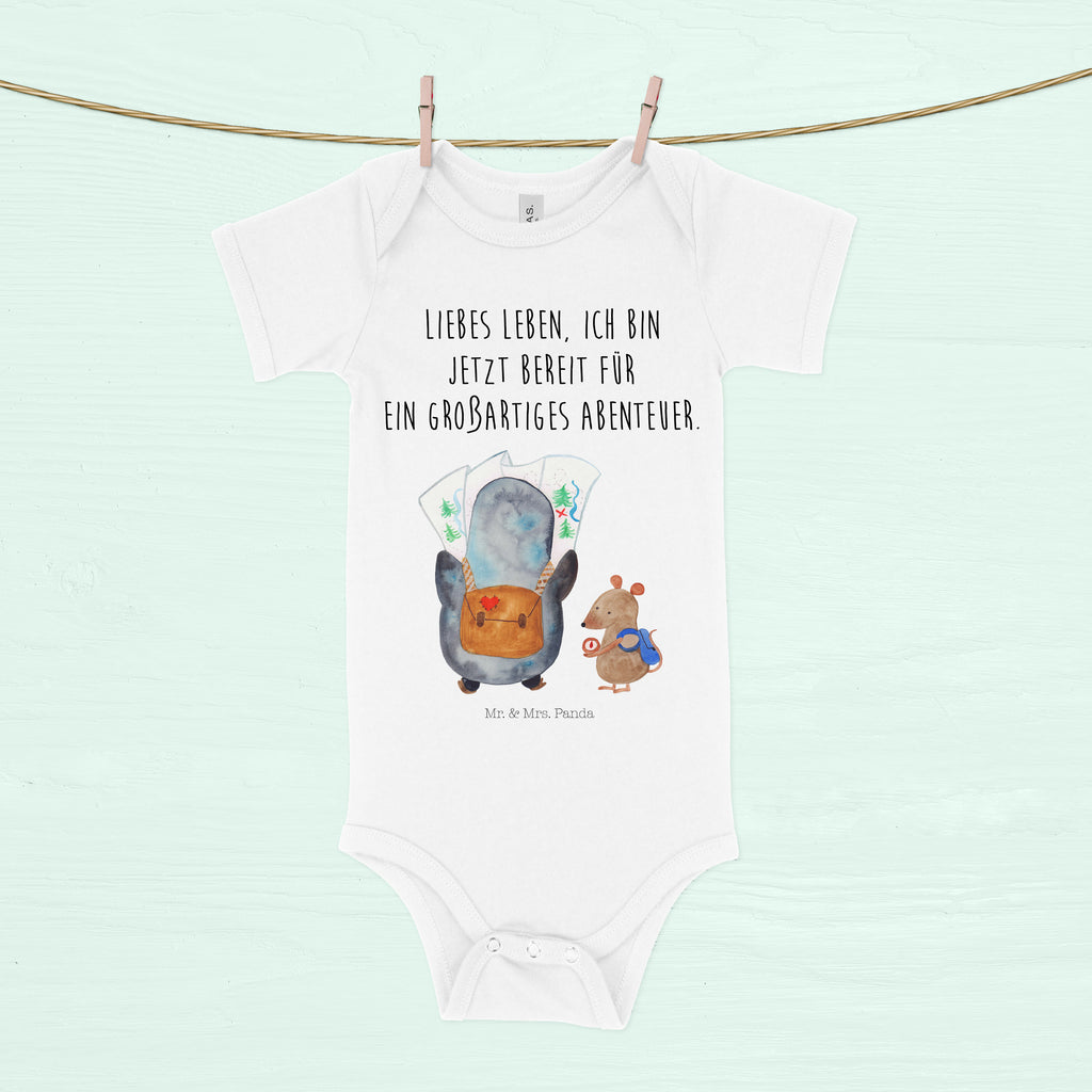 Organic Baby Body Pinguin & Maus Wanderer Babykleidung, Babystrampler, Strampler, Wickelbody, Baby Erstausstattung, Junge, Mädchen, Pinguin, Pinguine, Abenteurer, Abenteuer, Roadtrip, Ausflug, Wanderlust, wandern