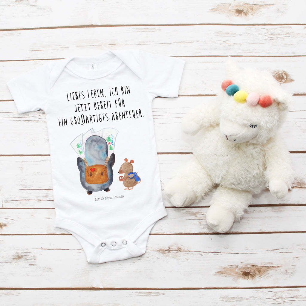 Organic Baby Body Pinguin & Maus Wanderer Babykleidung, Babystrampler, Strampler, Wickelbody, Baby Erstausstattung, Junge, Mädchen, Pinguin, Pinguine, Abenteurer, Abenteuer, Roadtrip, Ausflug, Wanderlust, wandern