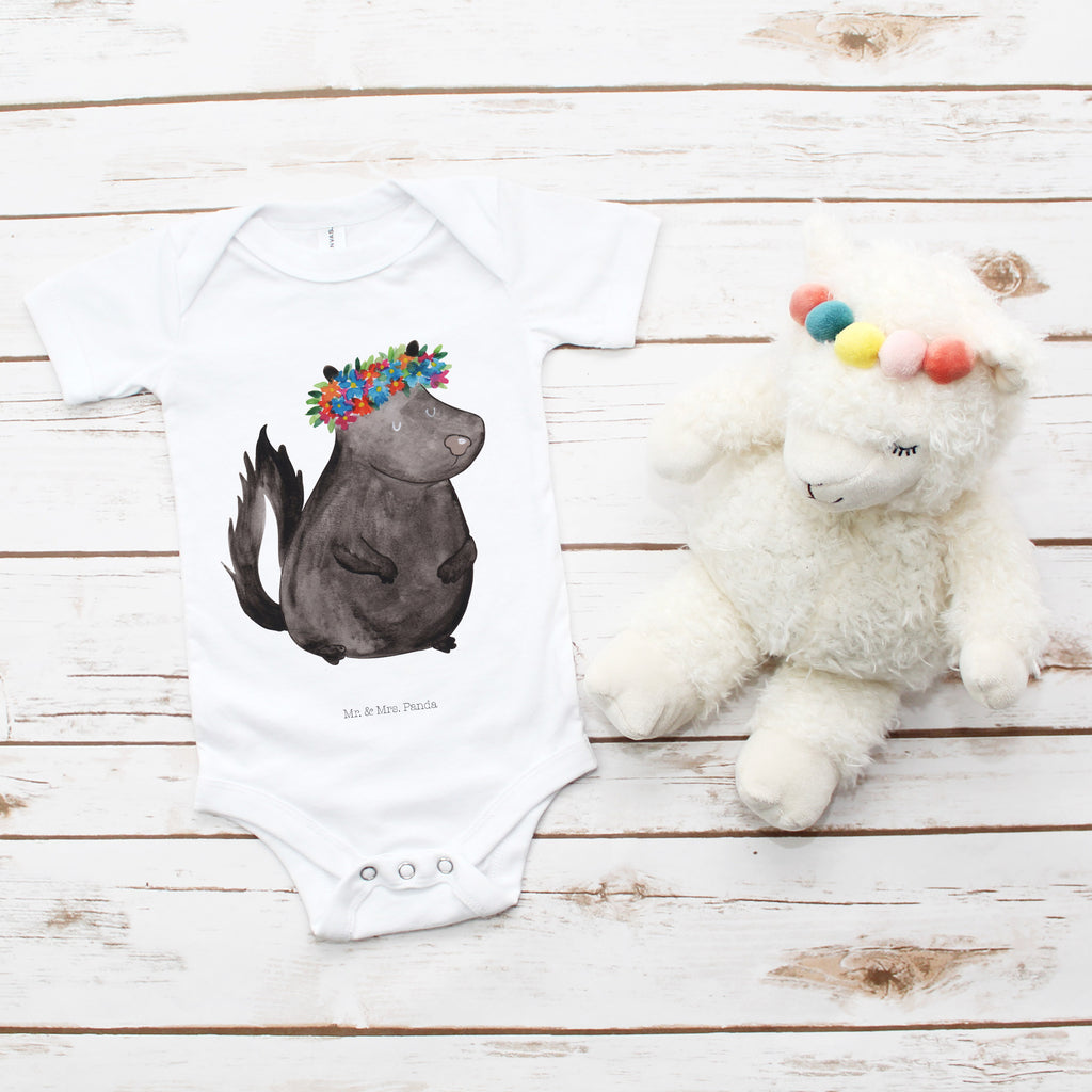 Organic Baby Body Stinktier Blumenmaedchen Babykleidung, Babystrampler, Strampler, Wickelbody, Baby Erstausstattung, Junge, Mädchen, Stinktier, Skunk, Wildtier, Raubtier, Stinker, Stinki, Yoga, Namaste, Lebe, Liebe, Lache