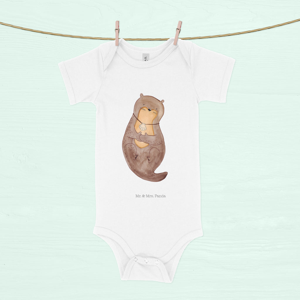 Organic Baby Body Otter mit Muschelmedaillon Babykleidung, Babystrampler, Strampler, Wickelbody, Baby Erstausstattung, Junge, Mädchen, Otter, Fischotter, Seeotter, Otterliebe, grübeln, träumen, Motivation, Tagträumen, Büro
