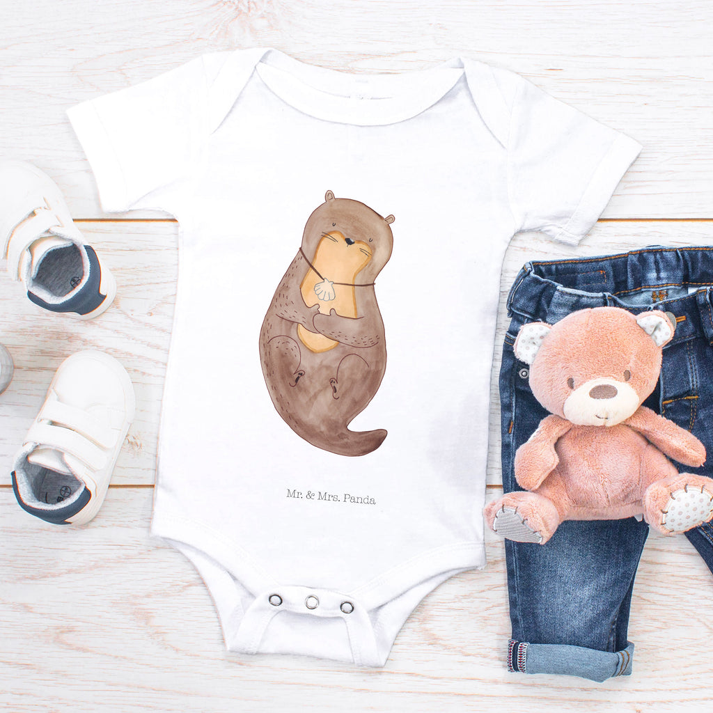 Organic Baby Body Otter mit Muschelmedaillon Babykleidung, Babystrampler, Strampler, Wickelbody, Baby Erstausstattung, Junge, Mädchen, Otter, Fischotter, Seeotter, Otterliebe, grübeln, träumen, Motivation, Tagträumen, Büro