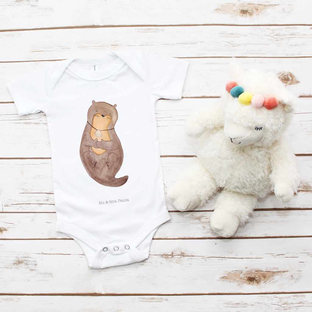 Organic Baby Body Otter mit Muschelmedaillon Babykleidung, Babystrampler, Strampler, Wickelbody, Baby Erstausstattung, Junge, Mädchen, Otter, Fischotter, Seeotter, Otterliebe, grübeln, träumen, Motivation, Tagträumen, Büro
