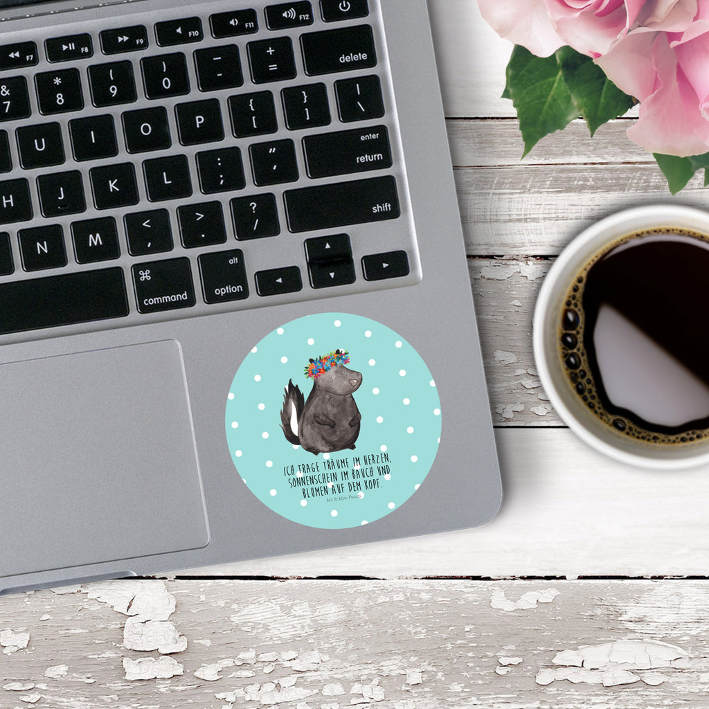 80mm Rund Aufkleber Stinktier Blumenmaedchen Sticker, Aufkleber, Etikett, Stinktier, Skunk, Wildtier, Raubtier, Stinker, Stinki, Yoga, Namaste, Lebe, Liebe, Lache
