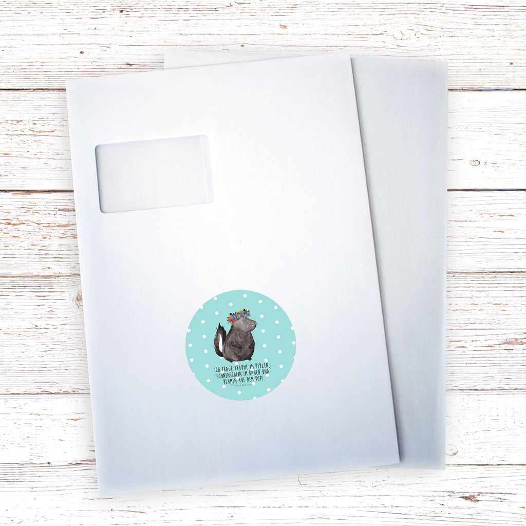 80mm Rund Aufkleber Stinktier Blumenmaedchen Sticker, Aufkleber, Etikett, Stinktier, Skunk, Wildtier, Raubtier, Stinker, Stinki, Yoga, Namaste, Lebe, Liebe, Lache