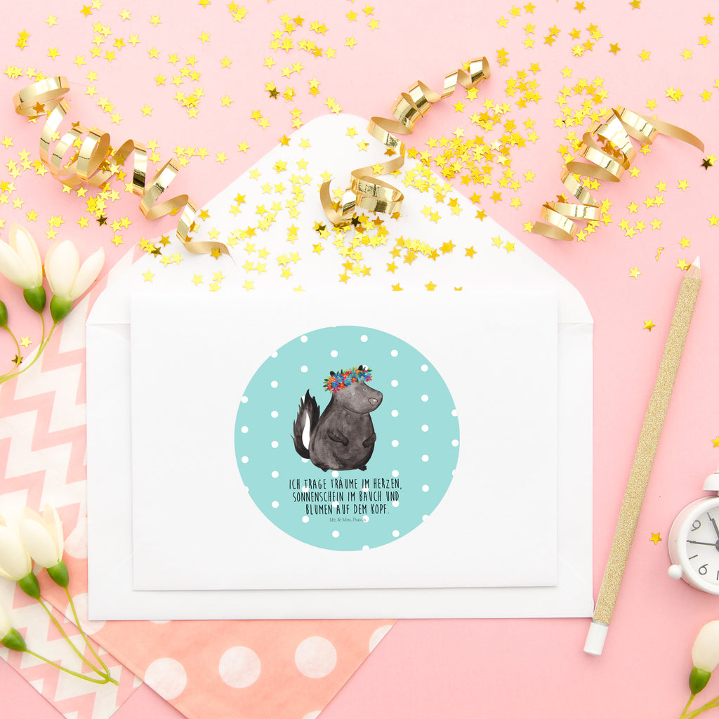 80mm Rund Aufkleber Stinktier Blumenmaedchen Sticker, Aufkleber, Etikett, Stinktier, Skunk, Wildtier, Raubtier, Stinker, Stinki, Yoga, Namaste, Lebe, Liebe, Lache