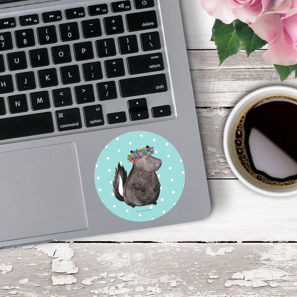 80mm Rund Aufkleber Stinktier Blumenmaedchen Sticker, Aufkleber, Etikett, Stinktier, Skunk, Wildtier, Raubtier, Stinker, Stinki, Yoga, Namaste, Lebe, Liebe, Lache