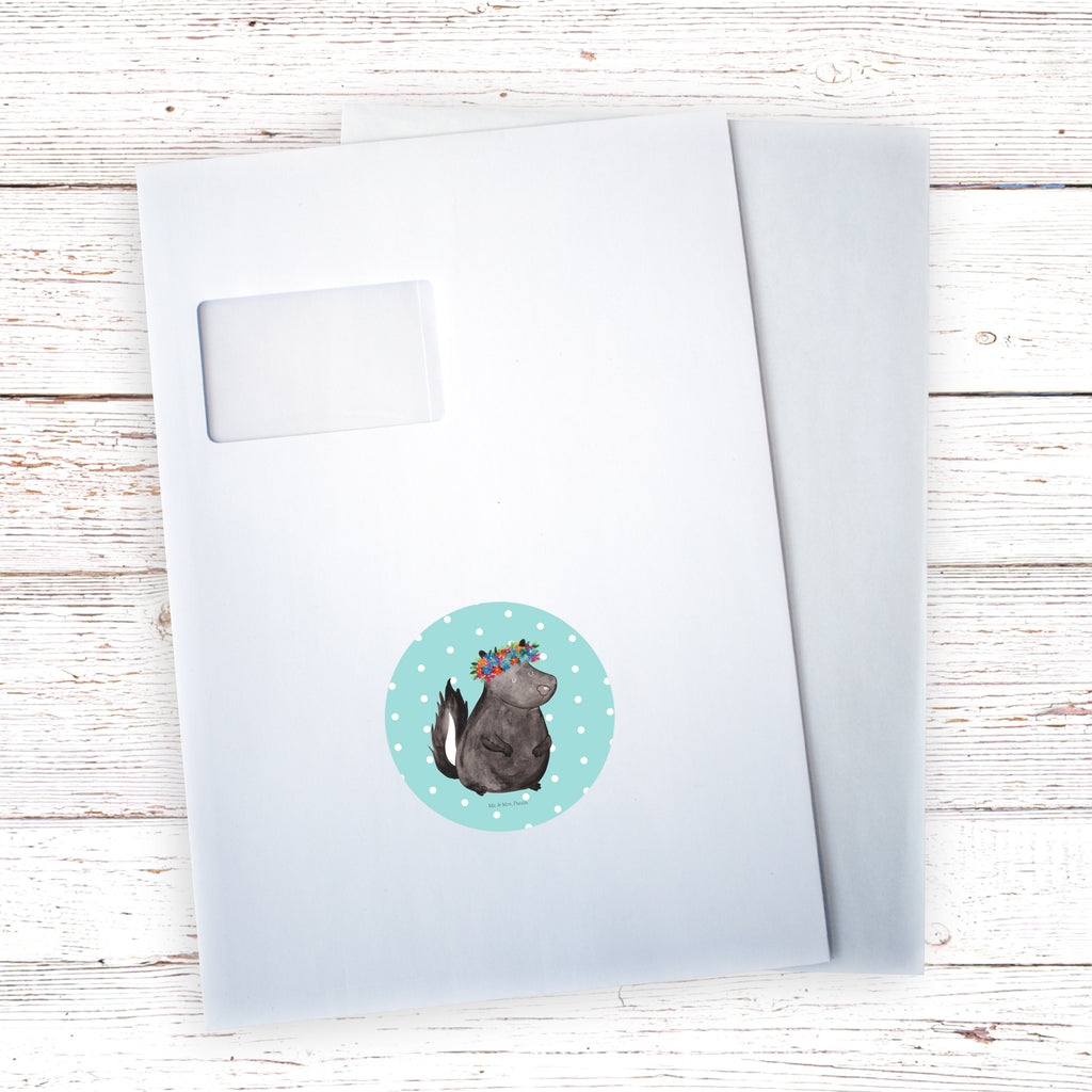 80mm Rund Aufkleber Stinktier Blumenmaedchen Sticker, Aufkleber, Etikett, Stinktier, Skunk, Wildtier, Raubtier, Stinker, Stinki, Yoga, Namaste, Lebe, Liebe, Lache