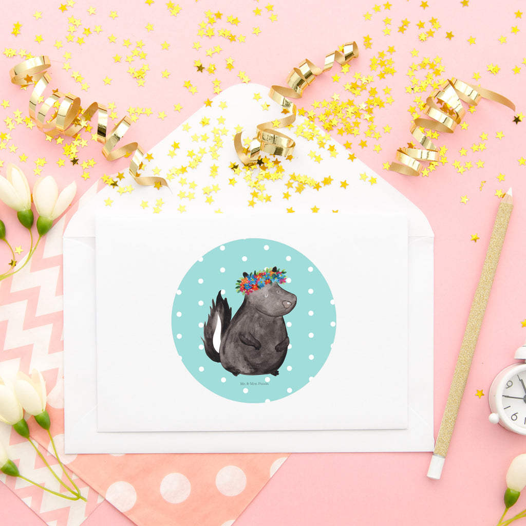 80mm Rund Aufkleber Stinktier Blumenmaedchen Sticker, Aufkleber, Etikett, Stinktier, Skunk, Wildtier, Raubtier, Stinker, Stinki, Yoga, Namaste, Lebe, Liebe, Lache