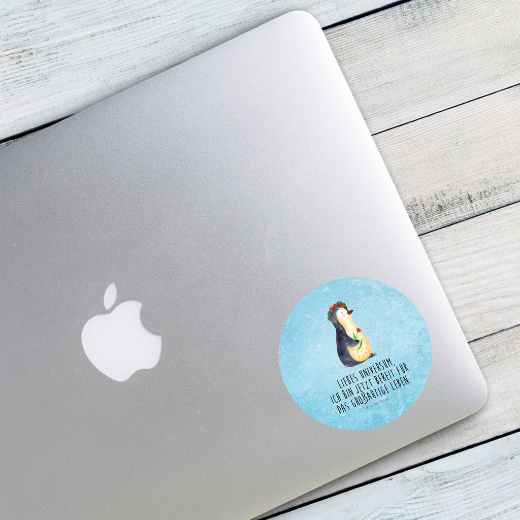 80mm Rund Aufkleber Pinguin Blumenkranz Sticker, Aufkleber, Etikett, Pinguin, Pinguine, Blumenkranz, Universum, Leben, Wünsche, Ziele, Lebensziele, Motivation, Lebenslust, Liebeskummer, Geschenkidee