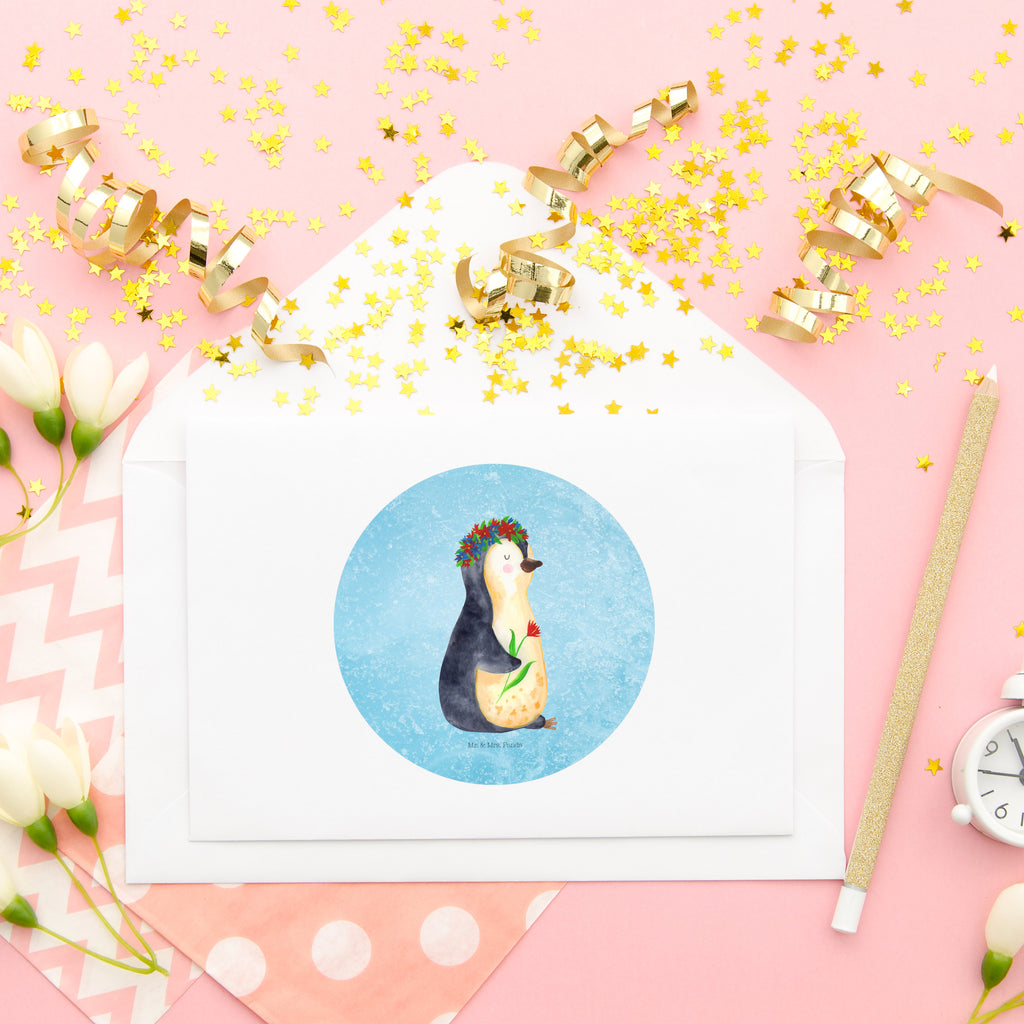 80mm Rund Aufkleber Pinguin Blumenkranz Sticker, Aufkleber, Etikett, Pinguin, Pinguine, Blumenkranz, Universum, Leben, Wünsche, Ziele, Lebensziele, Motivation, Lebenslust, Liebeskummer, Geschenkidee