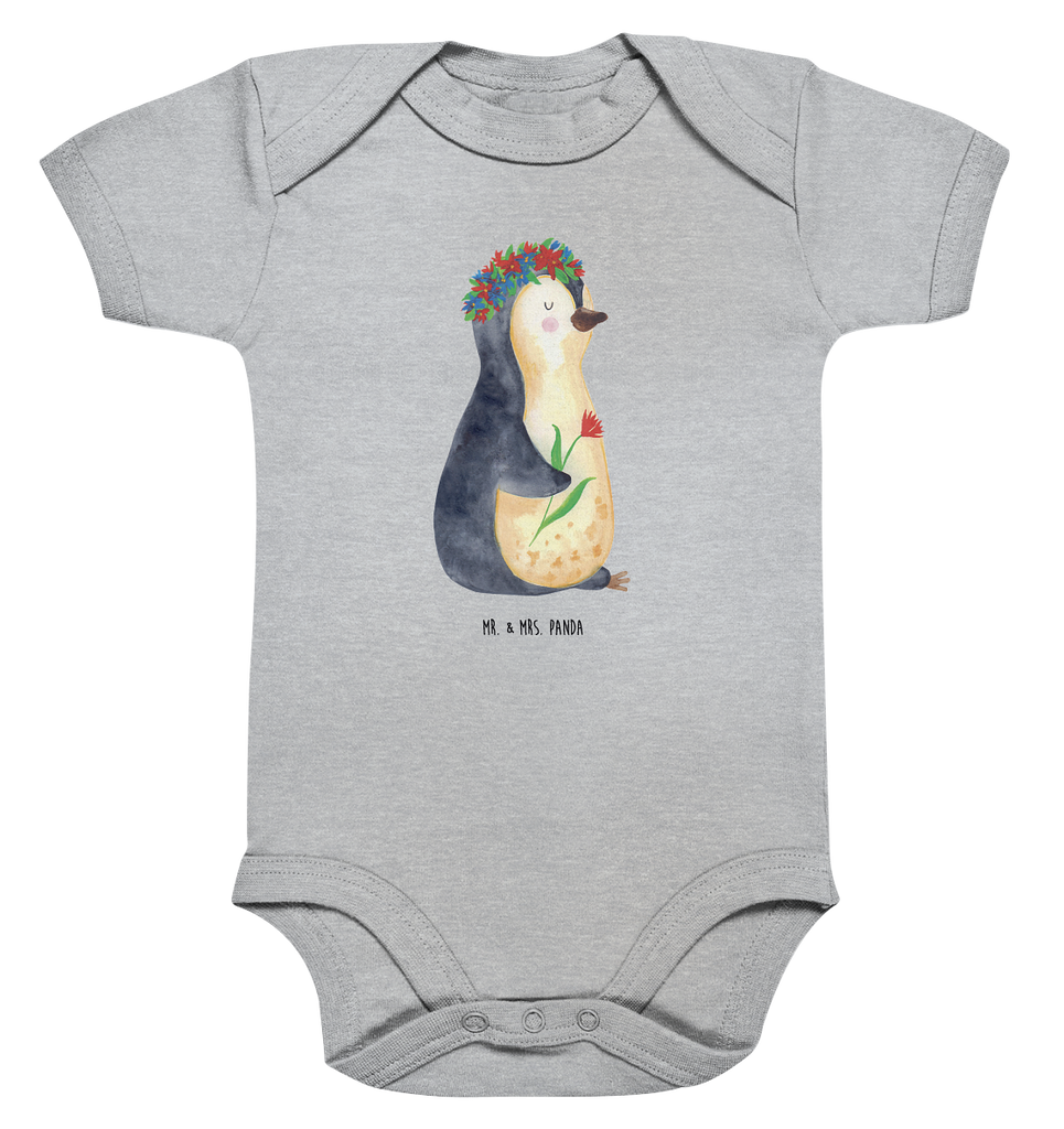 Organic Baby Body Pinguin Blumenkranz Babykleidung, Babystrampler, Strampler, Wickelbody, Baby Erstausstattung, Junge, Mädchen, Pinguin, Pinguine, Blumenkranz, Universum, Leben, Wünsche, Ziele, Lebensziele, Motivation, Lebenslust, Liebeskummer, Geschenkidee