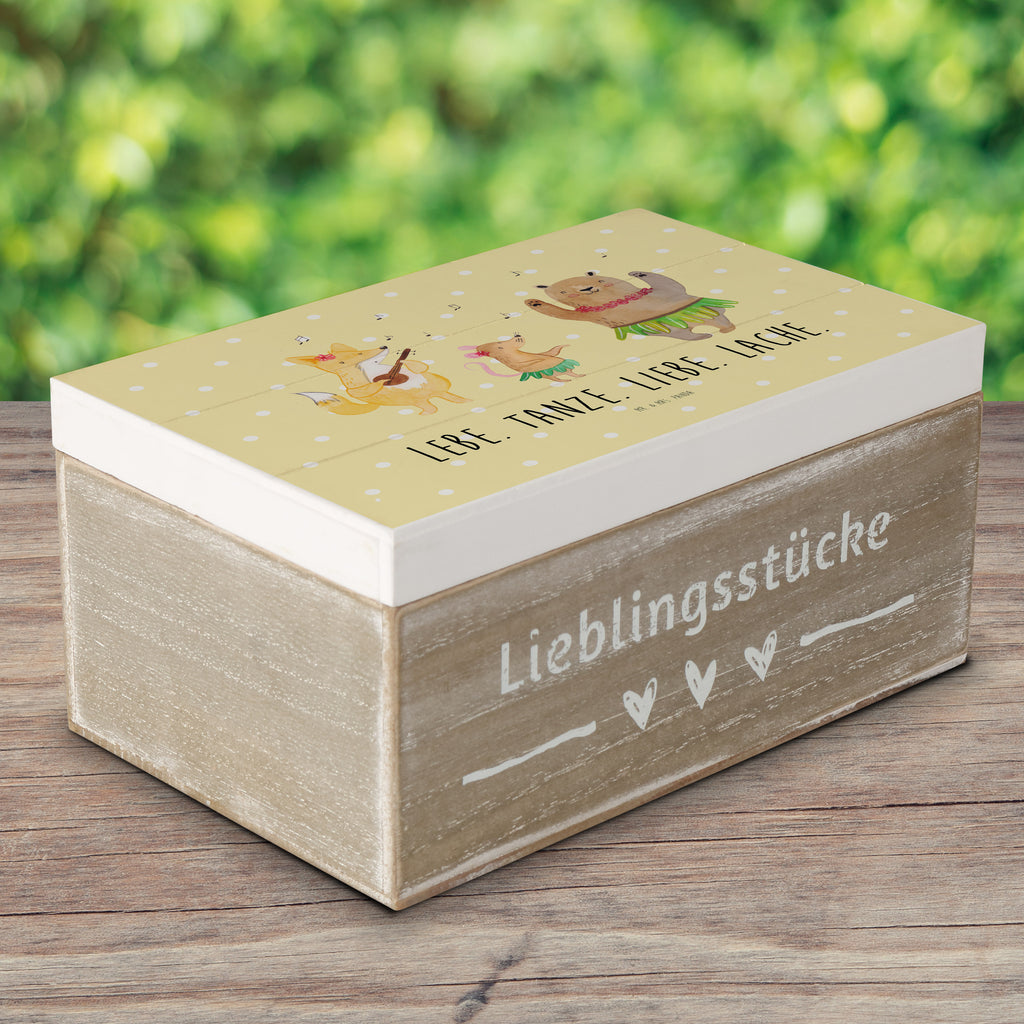 Holzkiste Waldtiere Aloha Holzkiste, Kiste, Schatzkiste, Truhe, Schatulle, XXL, Erinnerungsbox, Erinnerungskiste, Dekokiste, Aufbewahrungsbox, Tiermotive, Gute Laune, lustige Sprüche, Tiere, Wald, Waldtiere, Musik, Aloha, Bär, Hase, Igel, Tanzen, Leben, Lachen
