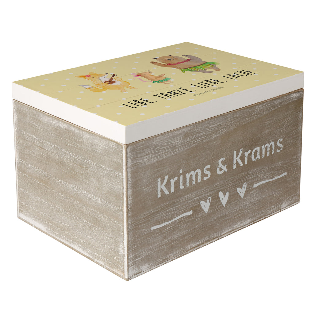 Holzkiste Waldtiere Aloha Holzkiste, Kiste, Schatzkiste, Truhe, Schatulle, XXL, Erinnerungsbox, Erinnerungskiste, Dekokiste, Aufbewahrungsbox, Tiermotive, Gute Laune, lustige Sprüche, Tiere, Wald, Waldtiere, Musik, Aloha, Bär, Hase, Igel, Tanzen, Leben, Lachen