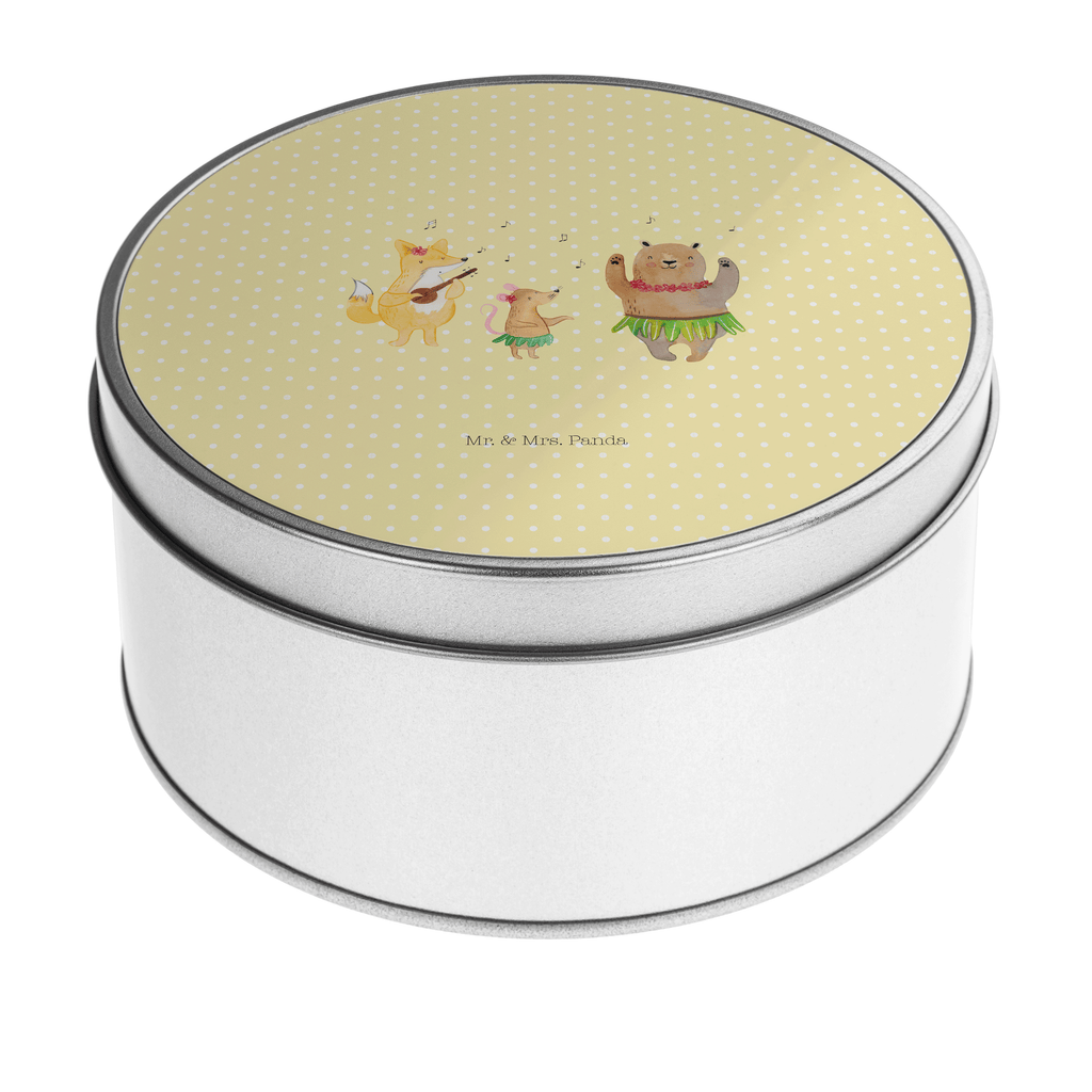 Blechdose rund Waldtiere Aloha Metalldose, Keksdose, Dose, Vorratsdose, Geschenkbox, Tiermotive, Gute Laune, lustige Sprüche, Tiere, Wald, Waldtiere, Musik, Aloha, Bär, Hase, Igel, Tanzen, Leben, Lachen