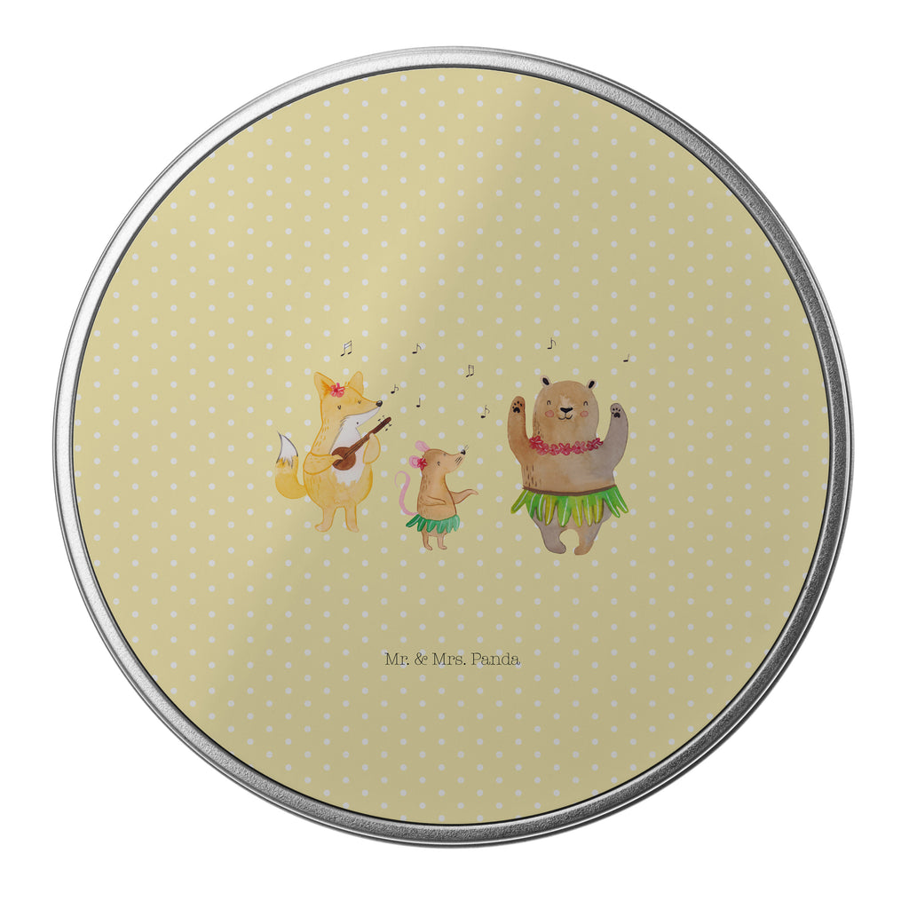 Blechdose rund Waldtiere Aloha Metalldose, Keksdose, Dose, Vorratsdose, Geschenkbox, Tiermotive, Gute Laune, lustige Sprüche, Tiere, Wald, Waldtiere, Musik, Aloha, Bär, Hase, Igel, Tanzen, Leben, Lachen