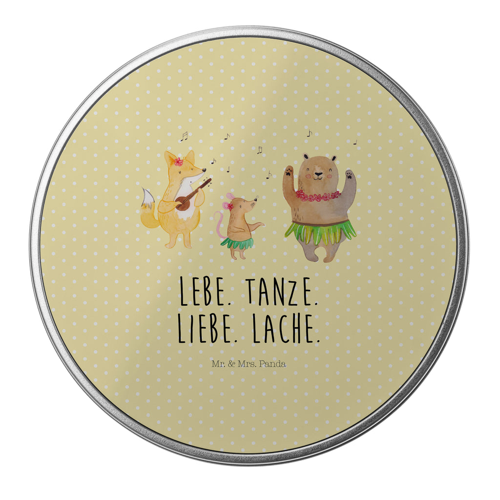 Blechdose rund Waldtiere Aloha Metalldose, Keksdose, Dose, Vorratsdose, Geschenkbox, Tiermotive, Gute Laune, lustige Sprüche, Tiere, Wald, Waldtiere, Musik, Aloha, Bär, Hase, Igel, Tanzen, Leben, Lachen