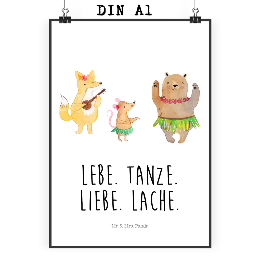Poster Waldtiere Aloha Poster, Wandposter, Bild, Wanddeko, Küchenposter, Kinderposter, Wanddeko Bild, Raumdekoration, Wanddekoration, Handgemaltes Poster, Mr. & Mrs. Panda Poster, Designposter, Kunstdruck, Posterdruck, Tiermotive, Gute Laune, lustige Sprüche, Tiere, Wald, Waldtiere, Musik, Aloha, Bär, Hase, Igel, Tanzen, Leben, Lachen