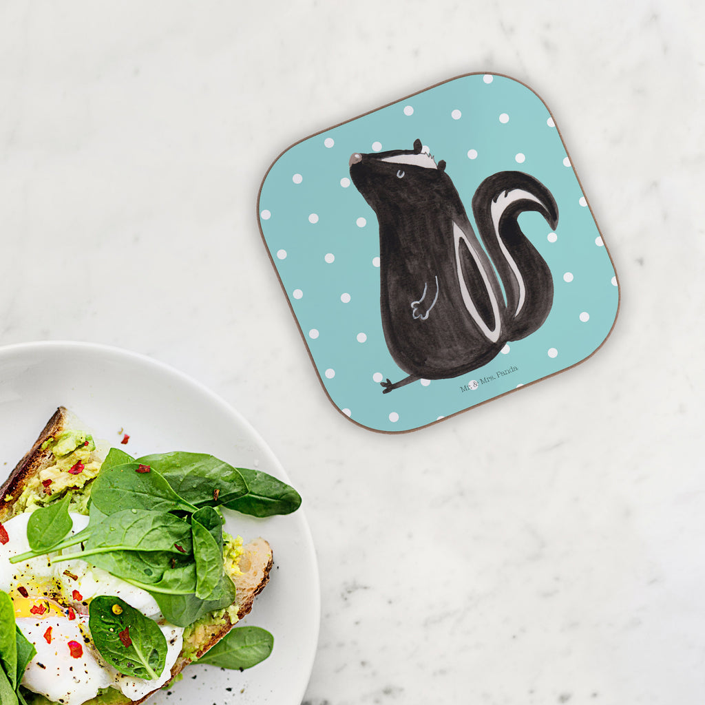 Quadratische Untersetzer Stinktier sitzend Bierdeckel, Glasuntersetzer, Untersetzer Gläser, Getränkeuntersetzer, Stinktier, Skunk, Wildtier, Raubtier, Stinker, Stinki, Spruch, Büro, Recht, Besserwisser