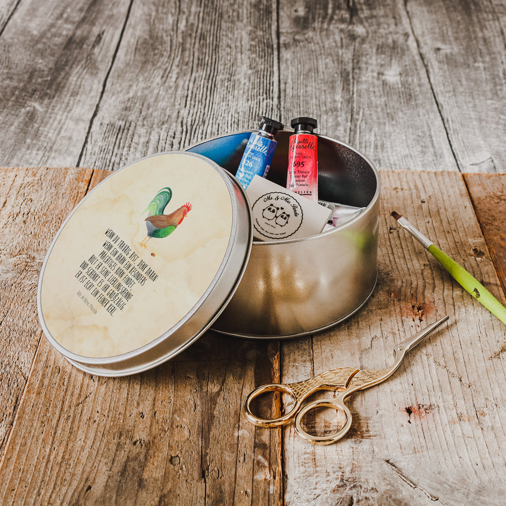 Blechdose rund Hahn mit Korn Metalldose, Keksdose, Dose, Vorratsdose, Geschenkbox, Bauernhof, Hoftiere, Landwirt, Landwirtin, Hahn, Korn, Henne, Eier, Natur