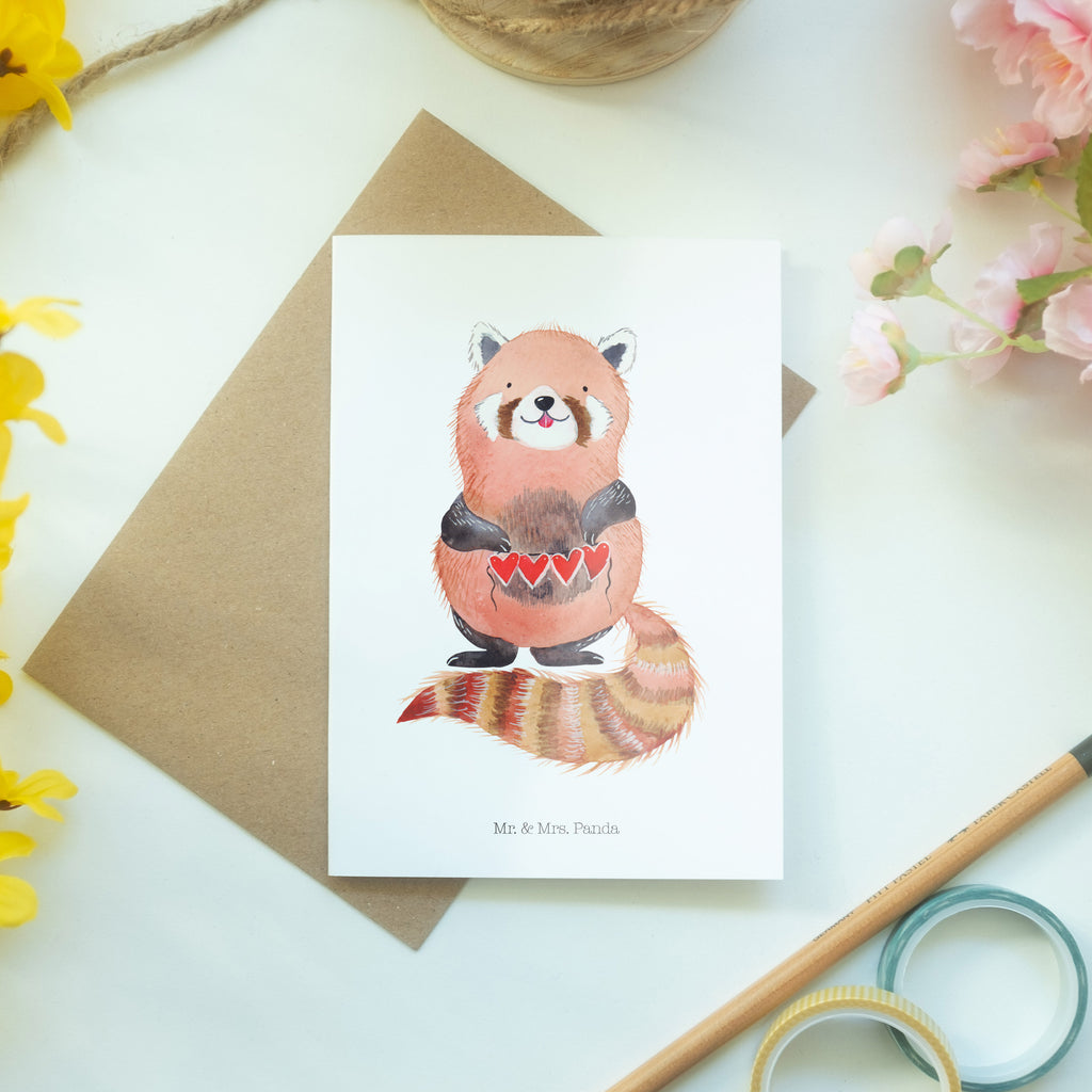 Grußkarte Roter Panda Klappkarte, Einladungskarte, Glückwunschkarte, Hochzeitskarte, Geburtstagskarte, Karte, Tiermotive, Gute Laune, lustige Sprüche, Tiere, Panda, Liebe, Rot, Herz, Liebling, Lieblingsmensch
