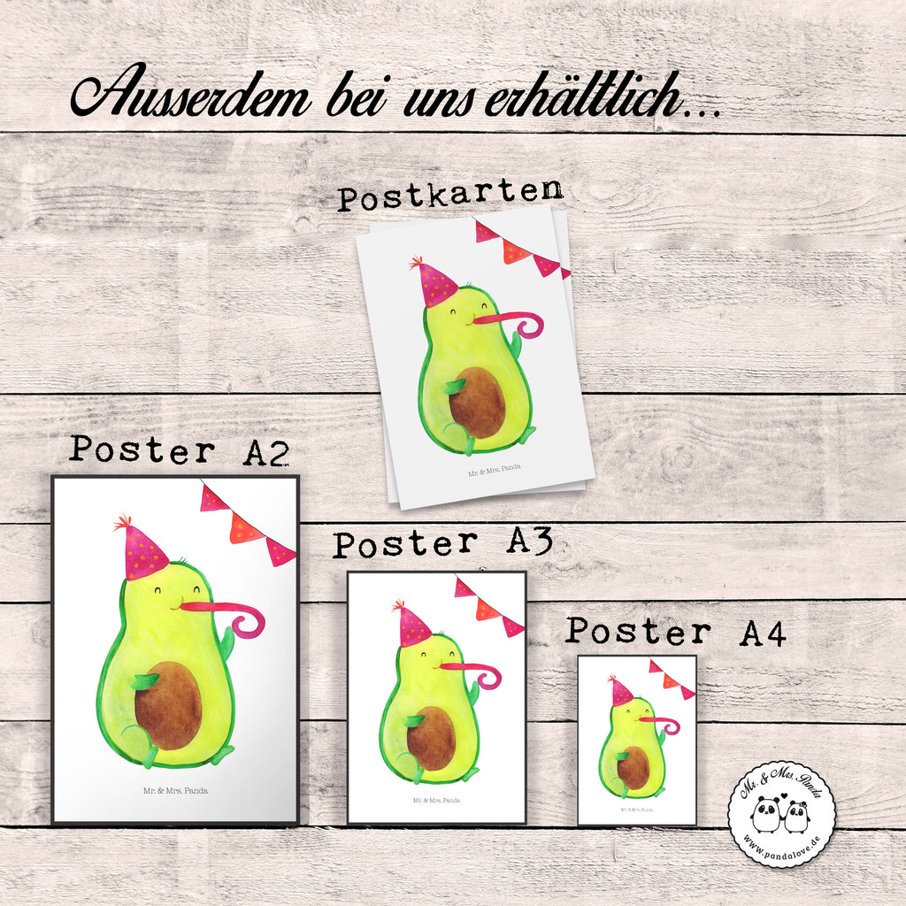 Poster Avocado Party Time Poster, Wandposter, Bild, Wanddeko, Küchenposter, Kinderposter, Wanddeko Bild, Raumdekoration, Wanddekoration, Handgemaltes Poster, Mr. & Mrs. Panda Poster, Designposter, Kunstdruck, Posterdruck, Avocado, Veggie, Vegan, Gesund