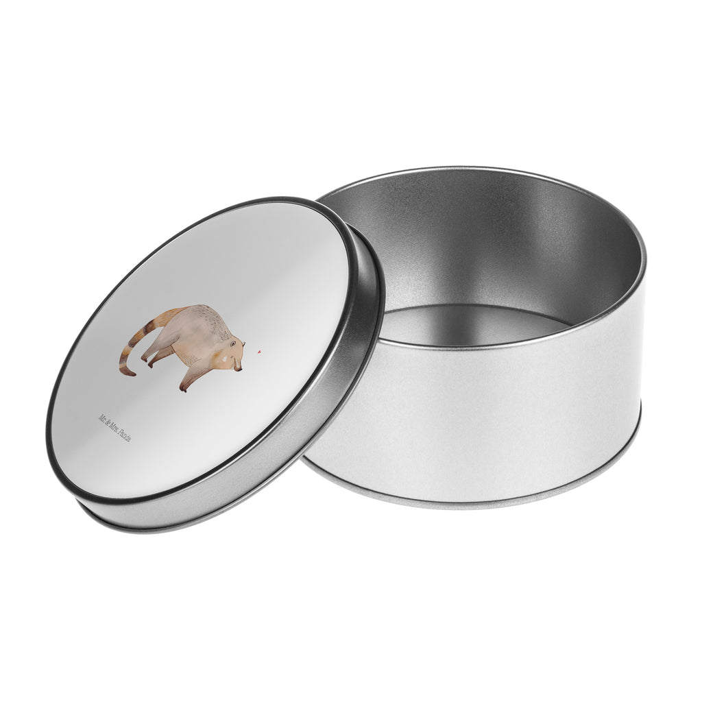 Blechdose rund Nasenbaer Metalldose, Keksdose, Dose, Vorratsdose, Geschenkbox, Tiermotive, Gute Laune, lustige Sprüche, Tiere, Nasenbär, Nasenbären, Rüsselbär, Bär