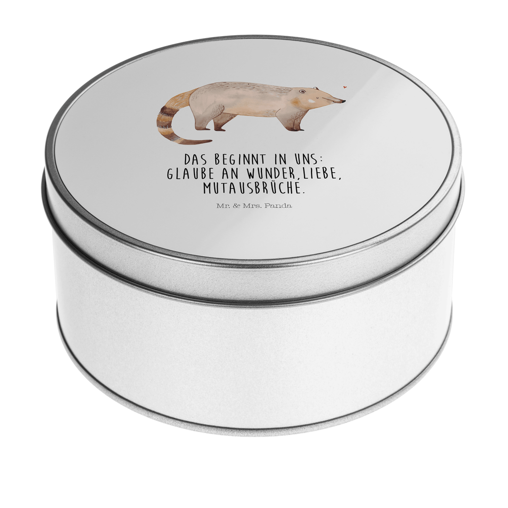 Blechdose rund Nasenbaer Metalldose, Keksdose, Dose, Vorratsdose, Geschenkbox, Tiermotive, Gute Laune, lustige Sprüche, Tiere, Nasenbär, Nasenbären, Rüsselbär, Bär