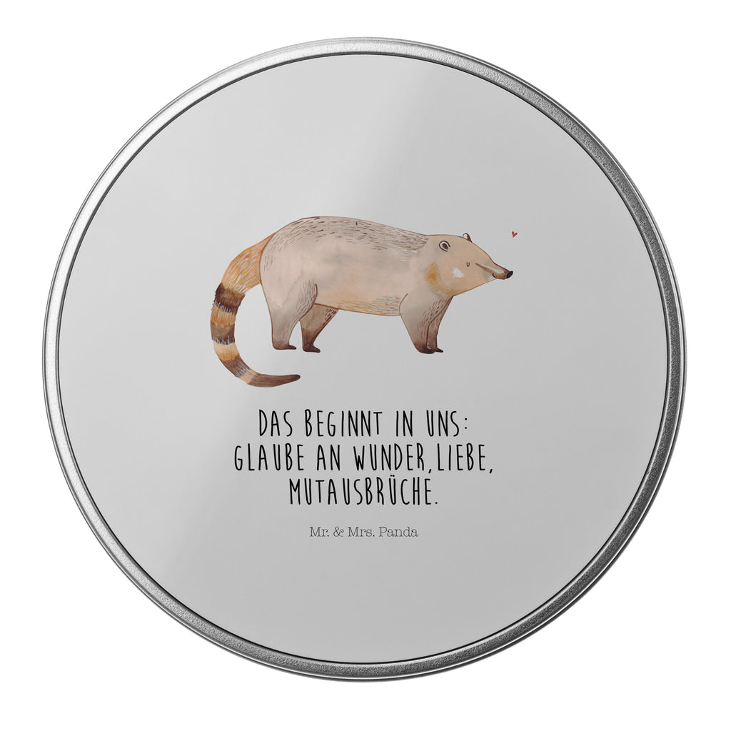 Blechdose rund Nasenbaer Metalldose, Keksdose, Dose, Vorratsdose, Geschenkbox, Tiermotive, Gute Laune, lustige Sprüche, Tiere, Nasenbär, Nasenbären, Rüsselbär, Bär