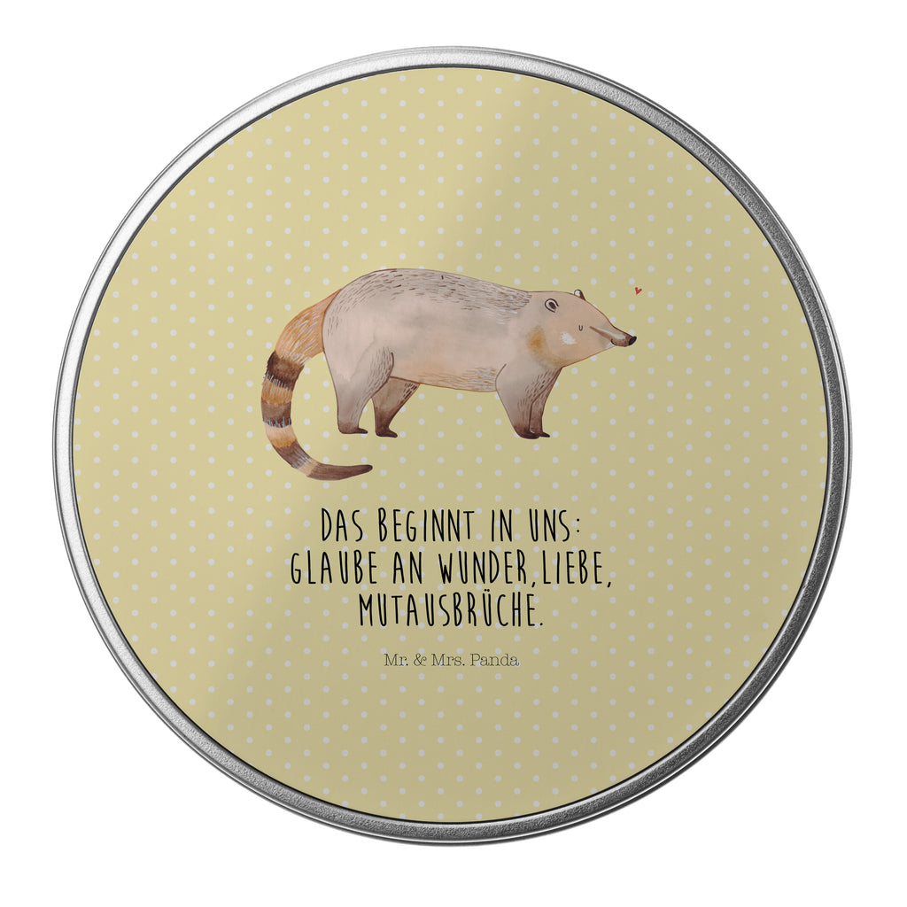 Blechdose rund Nasenbaer Metalldose, Keksdose, Dose, Vorratsdose, Geschenkbox, Tiermotive, Gute Laune, lustige Sprüche, Tiere, Nasenbär, Nasenbären, Rüsselbär, Bär