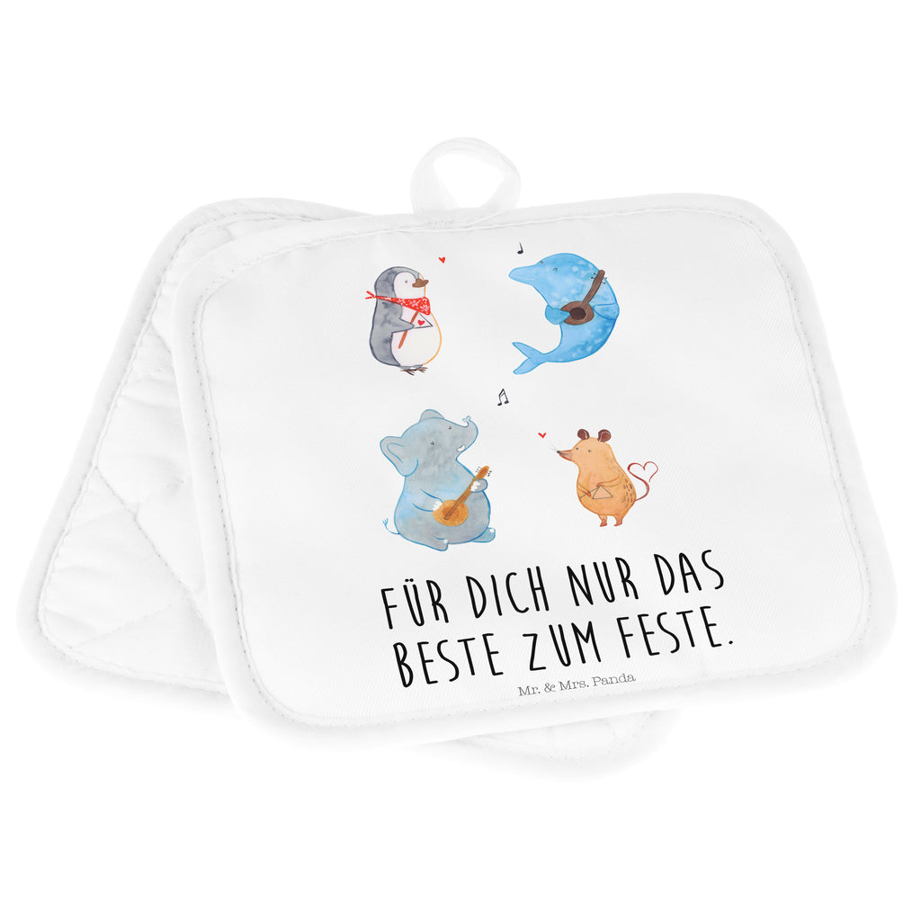 2er Set Topflappen  Big Band Topflappen, Topfuntersetzer, Ofenhandschuh, Topflappen Set, Topflappen lustig, Topflappen mit Spruch, Tiermotive, Gute Laune, lustige Sprüche, Tiere, Hund, Pinguin, Maus, Elefant, Delfin, Gitarre, Band, Triangel, Musikanten, Musik