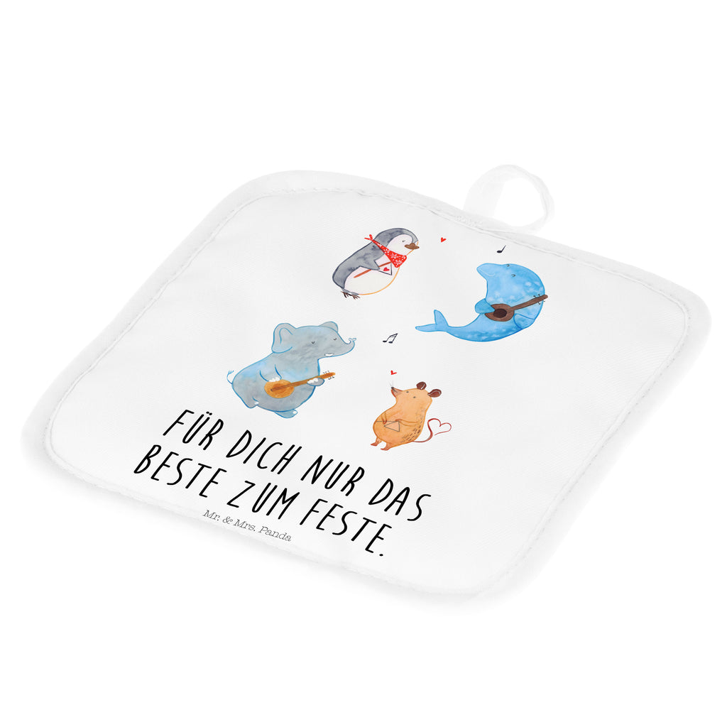 2er Set Topflappen  Big Band Topflappen, Topfuntersetzer, Ofenhandschuh, Topflappen Set, Topflappen lustig, Topflappen mit Spruch, Tiermotive, Gute Laune, lustige Sprüche, Tiere, Hund, Pinguin, Maus, Elefant, Delfin, Gitarre, Band, Triangel, Musikanten, Musik