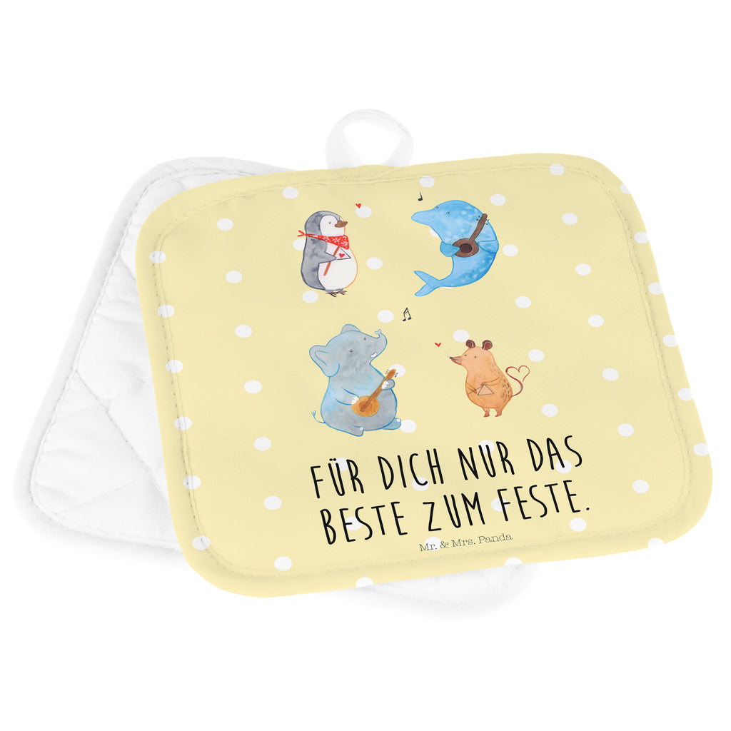 2er Set Topflappen  Big Band Topflappen, Topfuntersetzer, Ofenhandschuh, Topflappen Set, Topflappen lustig, Topflappen mit Spruch, Tiermotive, Gute Laune, lustige Sprüche, Tiere, Hund, Pinguin, Maus, Elefant, Delfin, Gitarre, Band, Triangel, Musikanten, Musik
