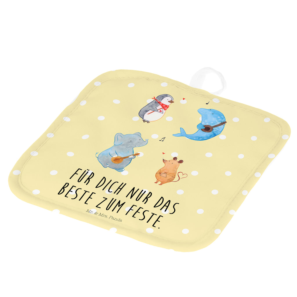 2er Set Topflappen  Big Band Topflappen, Topfuntersetzer, Ofenhandschuh, Topflappen Set, Topflappen lustig, Topflappen mit Spruch, Tiermotive, Gute Laune, lustige Sprüche, Tiere, Hund, Pinguin, Maus, Elefant, Delfin, Gitarre, Band, Triangel, Musikanten, Musik