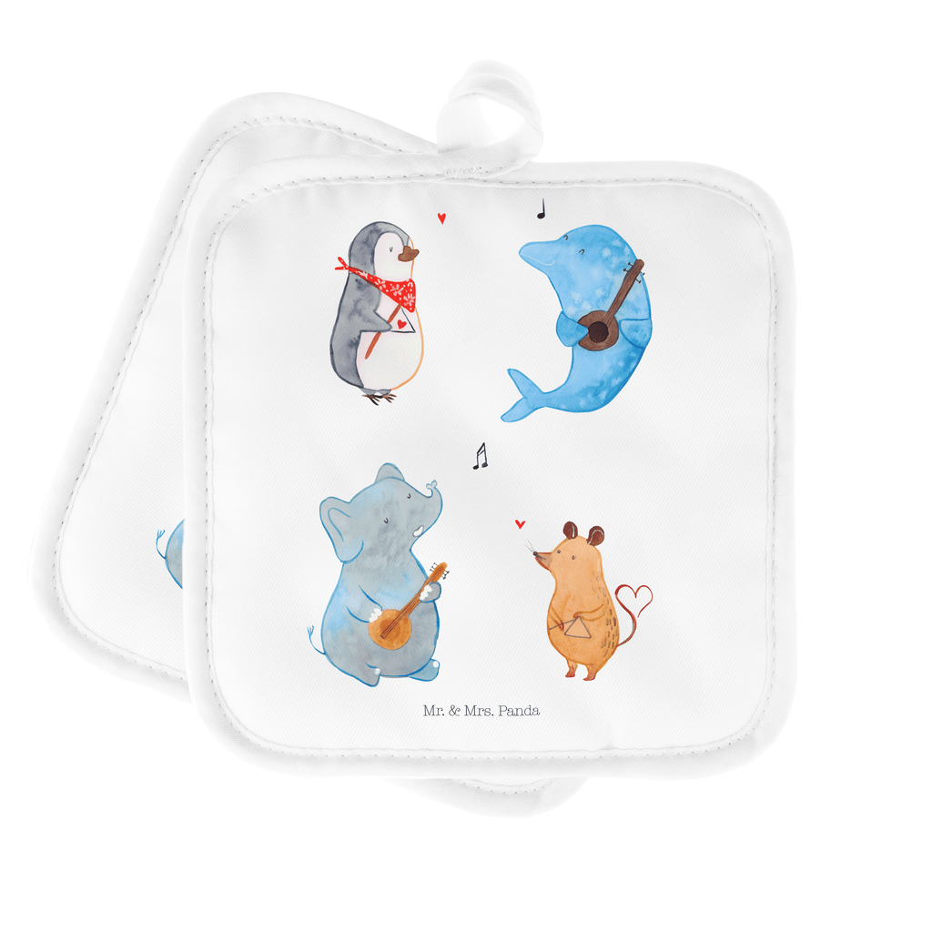 2er Set Topflappen  Big Band Topflappen, Topfuntersetzer, Ofenhandschuh, Topflappen Set, Topflappen lustig, Topflappen mit Spruch, Tiermotive, Gute Laune, lustige Sprüche, Tiere, Hund, Pinguin, Maus, Elefant, Delfin, Gitarre, Band, Triangel, Musikanten, Musik