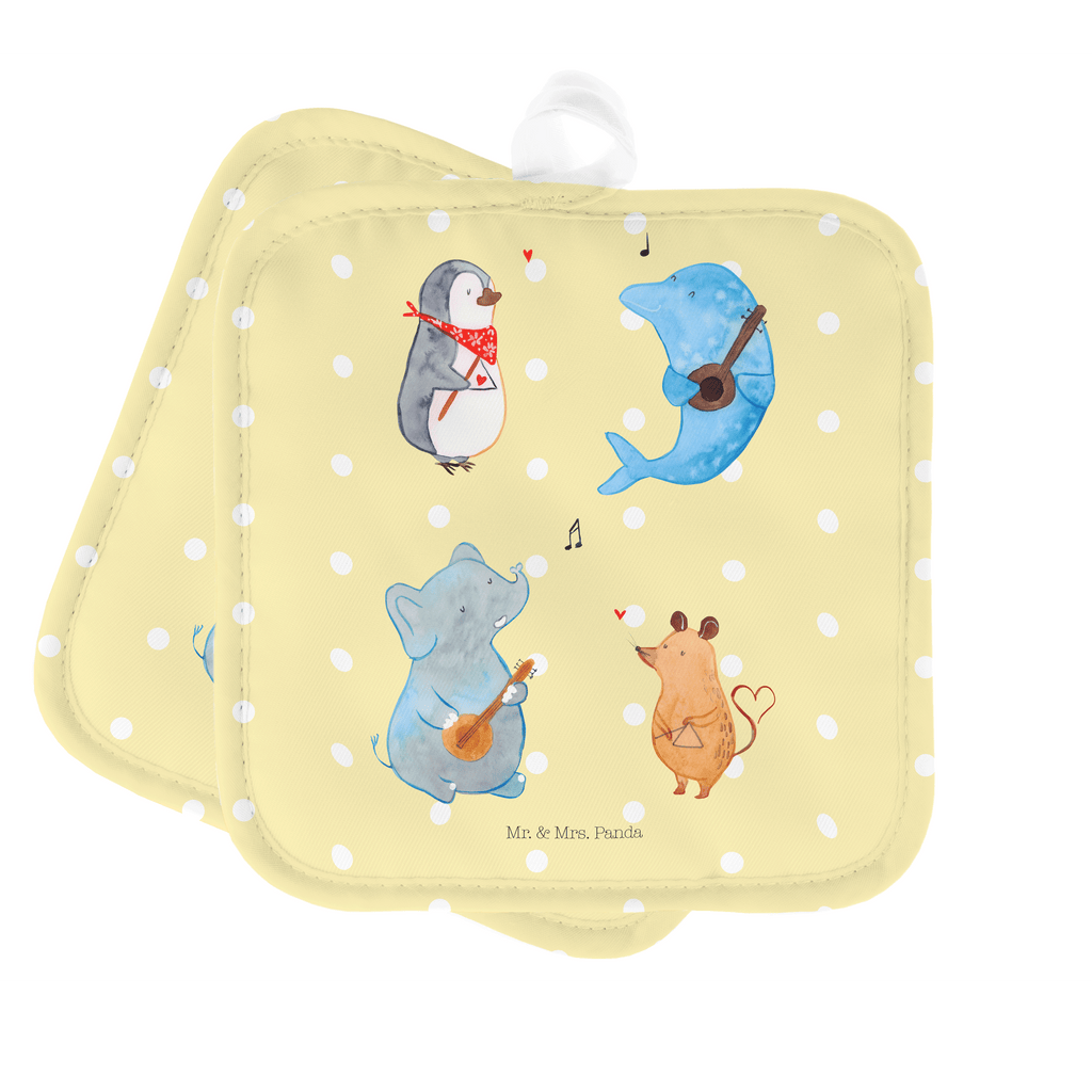 2er Set Topflappen  Big Band Topflappen, Topfuntersetzer, Ofenhandschuh, Topflappen Set, Topflappen lustig, Topflappen mit Spruch, Tiermotive, Gute Laune, lustige Sprüche, Tiere, Hund, Pinguin, Maus, Elefant, Delfin, Gitarre, Band, Triangel, Musikanten, Musik