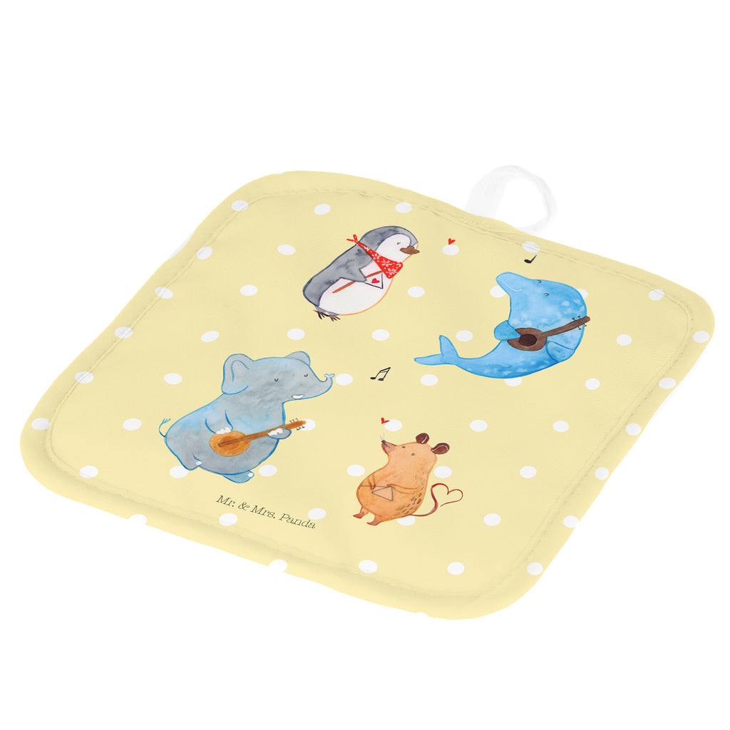 2er Set Topflappen  Big Band Topflappen, Topfuntersetzer, Ofenhandschuh, Topflappen Set, Topflappen lustig, Topflappen mit Spruch, Tiermotive, Gute Laune, lustige Sprüche, Tiere, Hund, Pinguin, Maus, Elefant, Delfin, Gitarre, Band, Triangel, Musikanten, Musik